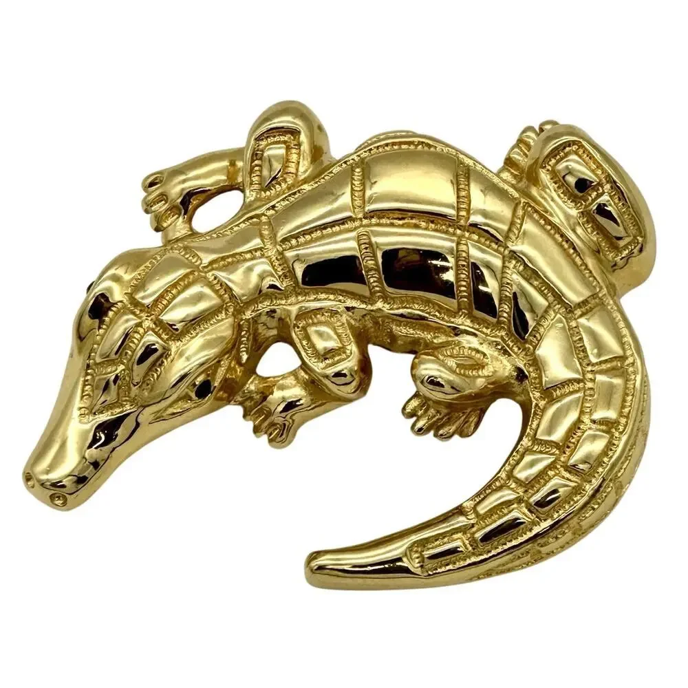 Vintage St John Gold Tone Alligator Brooch Pin With Black Enamel Accents Signed